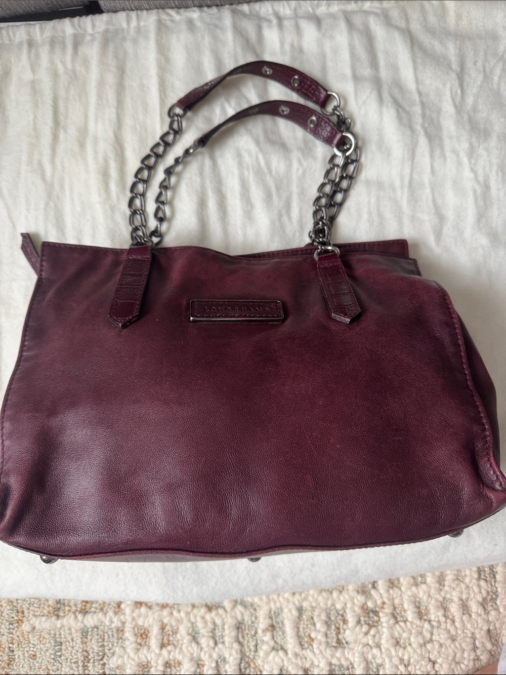 Longchamp Plum Leather Shoulder Bag with Chain Straps